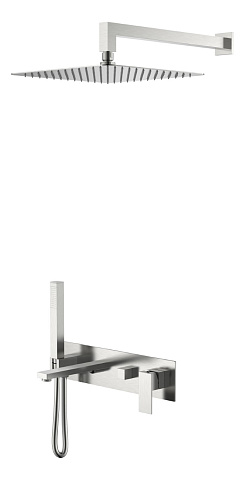 Смеситель встроенный + верхний+ ручной душ Boheme Qubic Brushed Nickel с изливом 474-NB