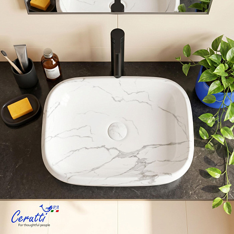 Раковина накладная Ceruttispa, CR0086 MMW2 (565х400х145) мрамор матовый белый, прямоугольная