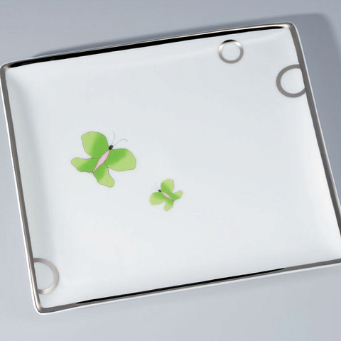 THG CAPUCINE VERT DECOR PLATINE Поднос керамический 220х198 мм., настольный, large size, декор платина/зеленый, цвет белый, A7E-A02-4614
