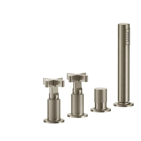 GESSI INCISO Смеситель для ванны на 4 отверстия для наполнения через слив-перелив, переключатель, с ручным душем, цвет: Finox Brushed Nickel, 58143#149