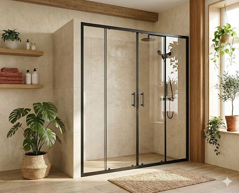 Душевая дверь двустворчатая раздвижная MaybahGlass 1950×1700 Стекло 6 мм Бесцветное, профиль черный MGD-1819-6