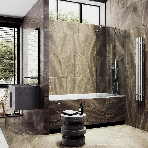 Шторка для ванны в профиле MaybahGlass 1400×400 Стекло 8 мм Бесцветное, широкий профиль хром матовый MGV-62-5ш