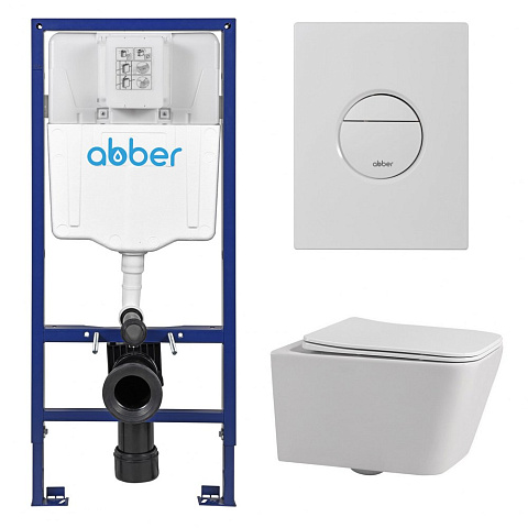 Комплект подвесной унитаз ABBER Rechteck AC1201 белый с инсталляцией AC0108 и кнопкой AC0126MW белая матовая