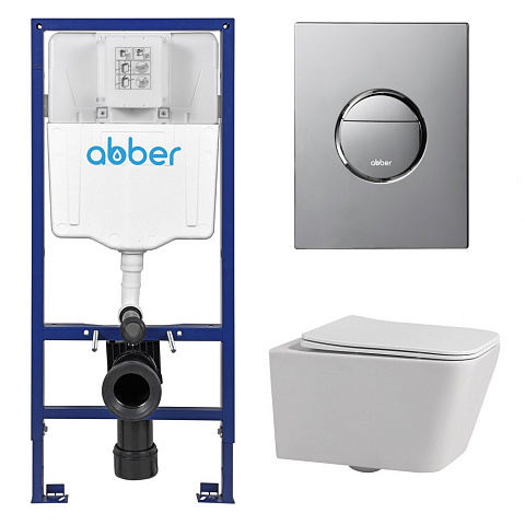 Комплект подвесной унитаз ABBER Rechteck AC1201 белый с инсталляцией AC0108 и кнопкой AC0126 хром глянцевый