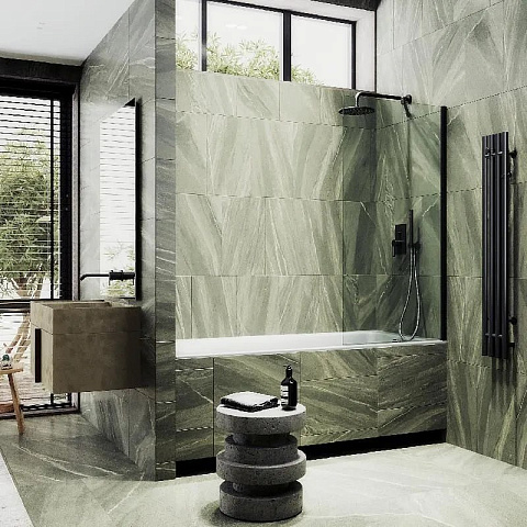 Шторка для ванны в профиле MaybahGlass 1400×300 Стекло 8 мм Бесцветное, широкий профиль черный MGV-248-6ш