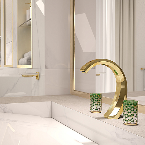 THG NIHAL PORCELAINE VERTE Смеситель для раковины на 3 отверстия, с донным клапаном, цвет Soft gold, U2R-F30-151