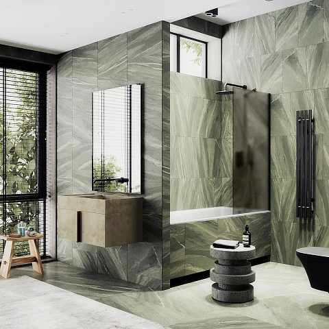 Шторка для ванны в профиле MaybahGlass 1400×900 Стекло 8 мм Бронза матовая, широкий профиль черный MGV-77-6ш