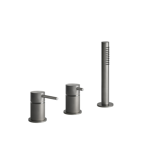 GESSI 316 Смеситель для ванны на 3 отверстия наполнение через слив-перелив с переключателем, убирающаяся душевая лейка, цвет: steel brushed, 54043#239