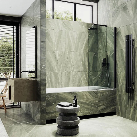 Шторка для ванны поворотная на монопетле MaybahGlass 1400×400 Стекло 6 мм Бесцветное, профиль черный MGV-596-6