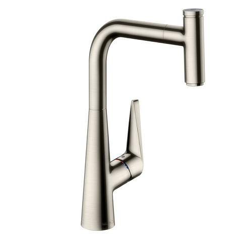 Hansgrohe HG Talis Select M51 Смеситель для кухни, на 1 отв, поворотный излив 223мм с вытяжным душем, 1jet, h222мм, кнопка вкл/выкл, цвет: под сталь, 72822800