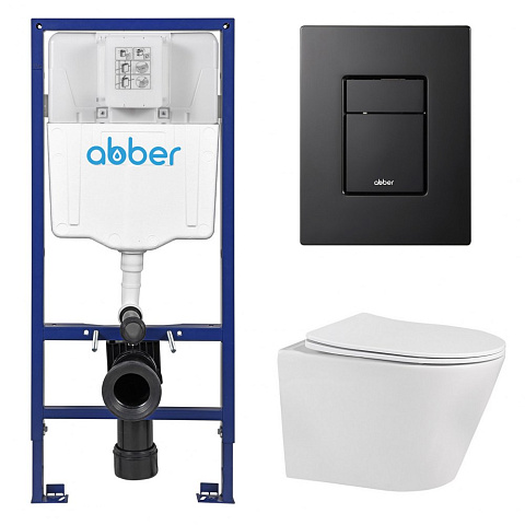 Комплект подвесной унитаз ABBER Bequem AC1102 белый с инсталляцией AC0108 и кнопкой AC0123MB черная матовая