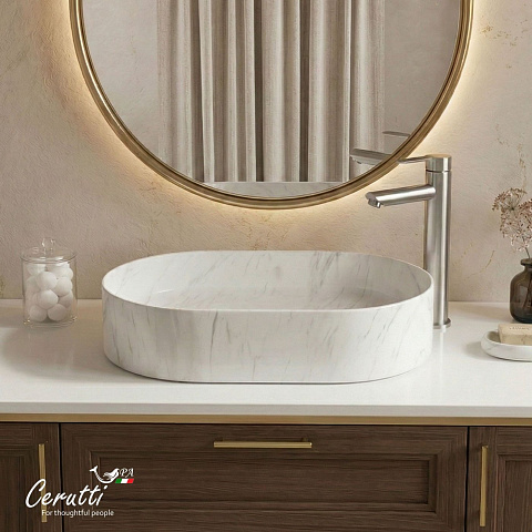 Раковина накладная Ceruttispa, CR0055B MMW1 (500х350х120) мрамор матовый белый, овальная