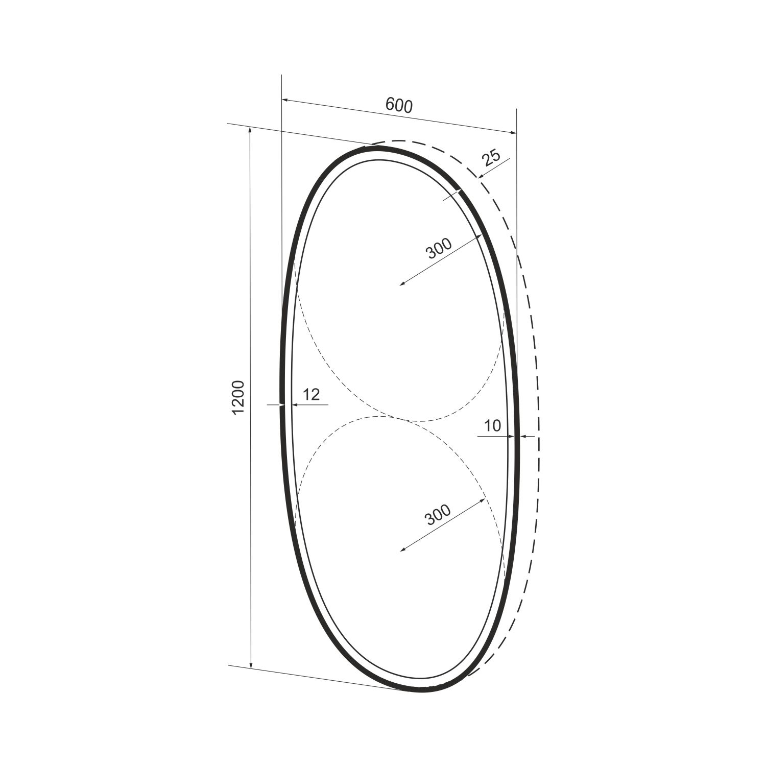 172201640, Овальное зеркало с фронтальной LED-подсветкой 60*120 см Wellsee 7 Rays' Spectrum (кнопка сбоку), цвет контура черный матовый 172201640-172201650