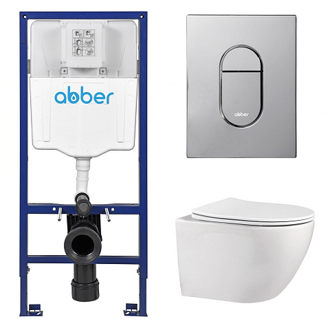 Комплект подвесной унитаз ABBER Bequem AC1100 белый с инсталляцией AC0108 и кнопкой AC0124 хром глянцевый