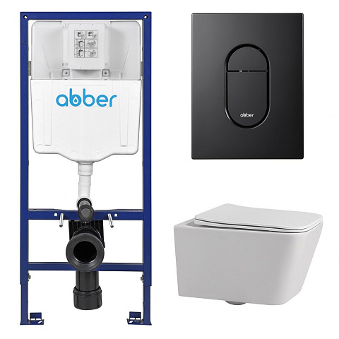 Комплект подвесной унитаз ABBER Rechteck AC1201 белый с инсталляцией AC0108 и кнопкой AC0124MB черная матовая