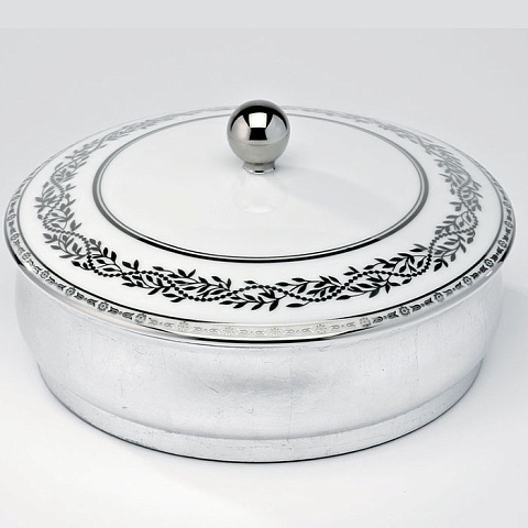 THG MARQUISE BLANC DECOR PLATINE Китайская лакированная коробка с белой керамической крышкой Ø180 мм., big size, декор платина, цвет серебро, A7G-A02-4623