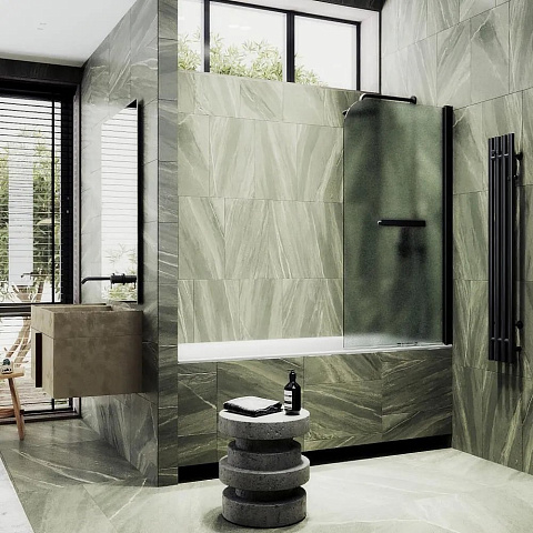 Шторка для ванны поворотная на монопетле MaybahGlass 1400×600 Стекло 6 мм Сатин +Полотенцедержатель, профиль черный MGV-781-6