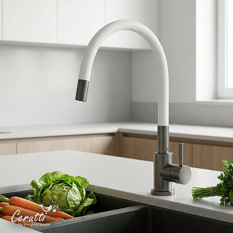 Смеситель для кухни Ceruttispa АТЭНА GG-W (ATENA GG-W) из нержавеющей стали, цвет графит, излив белый