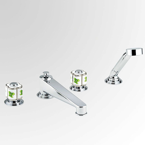 THG CAPUCINE VERT DECOR PLATINE Смеситель на борт ванны, на 4 отверстия, с ручным душем, декор платина/зеленый, цвет хром, A7E-A02-112BSG