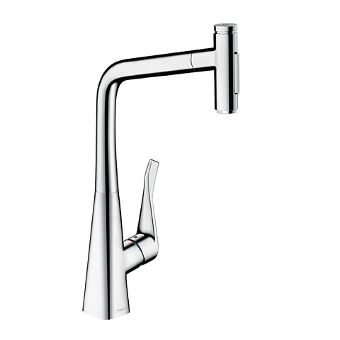Hansgrohe HG Metris M71 Смеситель для кухни, на 1 отв, поворотный излив 235мм с вытяжным душем, 2jet, h333мм, sBox, цвет: хром, 73816000