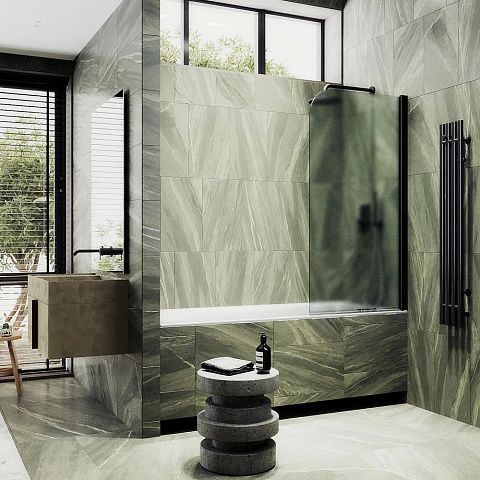 Шторка для ванны поворотная на монопетле MaybahGlass 1400×400 Стекло 6 мм Сатин, профиль черный MGV-605-6