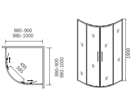 Душевой уголок полукруглый с раздвижной дверью CeramaLux CL901BGG-90 900×900×1900 мм, профиль тёмно-серый, стекло 6 мм прозрачное