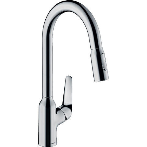 Hansgrohe HG Focus M42 Кухонный смеситель на 1 отв, однорычажный, поворотный излив 224мм с вытяжным душем, 2jet, h134мм, цвет: хром, 71800000