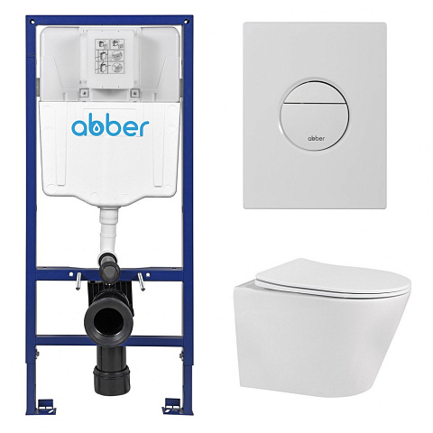 Комплект подвесной унитаз ABBER Bequem AC1102 белый с инсталляцией AC0108 и кнопкой AC0126MW белая матовая