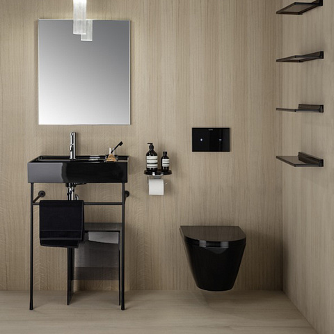 Laufen Kartell Раковина 600х460х120мм без перелива, с 1 отв. под смеситель, со скр сливом, полка справа, цвет: черный глянцевый, 8.1033.4.020.111.1