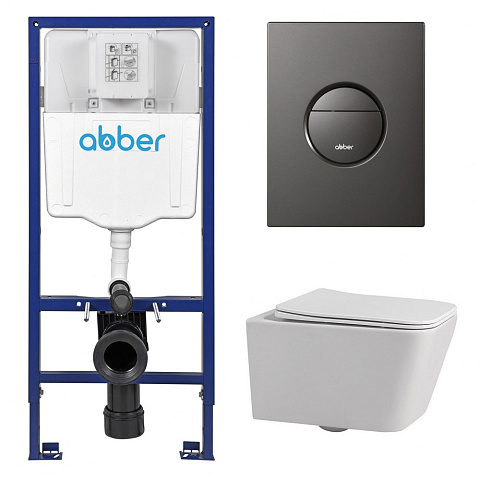 Комплект подвесной унитаз ABBER Rechteck AC1201 белый с инсталляцией AC0108 и кнопкой AC0126NG оружейная сталь