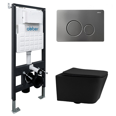 Комплект подвесной унитаз ABBER Rechteck AC1201MB черный матовый с инсталляцией AC0105 и кнопкой AC0121MCH матовый хром