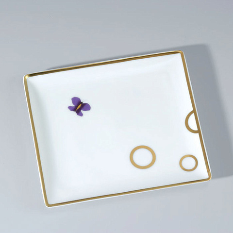 THG CAPUCINE MAUVE DECOR OR Поднос керамический 122х110 мм., настольный, small size, декор золото/лиловый, цвет белый, A7D-A02-4612