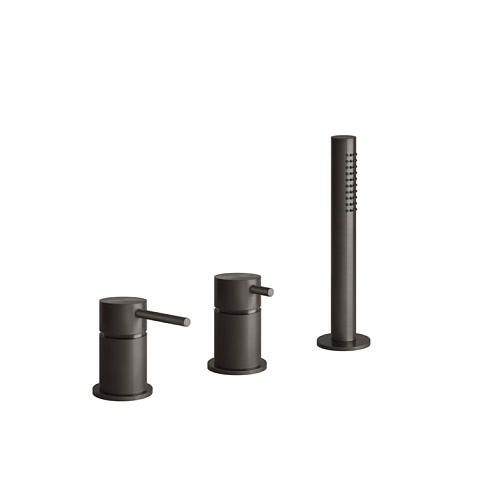GESSI 316 Смеситель для ванны на 3 отверстия наполнение через слив-перелив с переключателем, убирающаяся душевая лейка, цвет: brushed black metal pvd, 54043#707