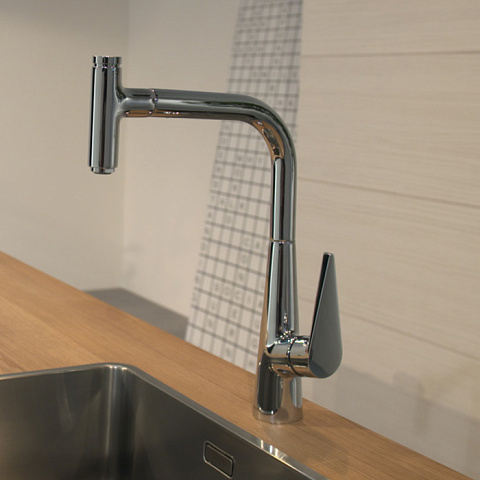 Hansgrohe HG Talis Select M51 Смеситель для кухни, на 1 отв, поворотный излив 223мм с вытяжным душем, 1jet, h222мм, кнопка вкл/выкл, цвет: хром, 72822000
