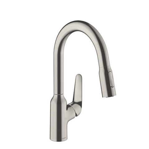 Hansgrohe HG Focus M42 Кухонный смеситель на 1 отв, однорычажный, поворотный излив 224мм с вытяжным душем, 2jet, h134мм, цвет: под сталь, 71801800