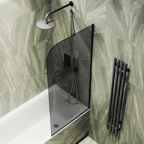 Шторка для ванны в профиле MaybahGlass 1400×340 Стекло 6 мм Графит, узкий профиль черный MGV-128-6у