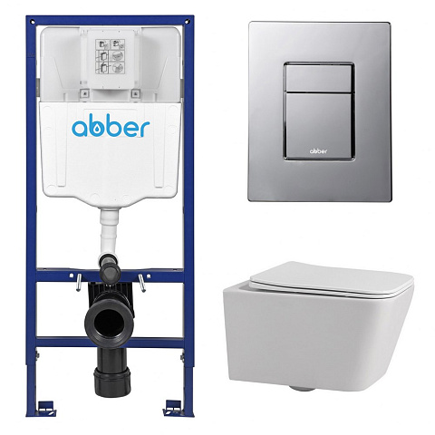 Комплект подвесной унитаз ABBER Rechteck AC1201 белый с инсталляцией AC0108 и кнопкой AC0123 хром глянцевый