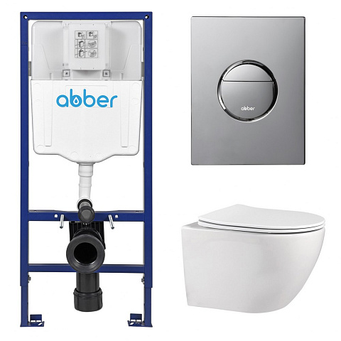 Комплект подвесной унитаз ABBER Bequem AC1100 белый с инсталляцией AC0108 и кнопкой AC0126 хром глянцевый