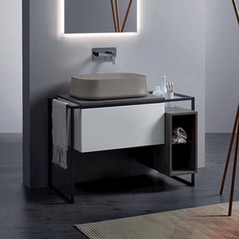 Simas Frame Металл.структура 105x57xh72 с ящиком с мех.открывания push pull и с открытым элементом. Сифон имонт.набор включены. цвет серый ясень, FM1 сер. ясень