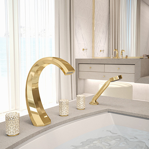 THG NIHAL PORCELAINE IVOIRE Смеситель на борт ванны, на 5 отверстий, двойной, с ручным душем, цвет Soft gold, U2N-F30-1132SG