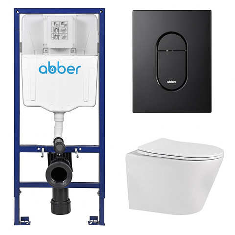 Комплект подвесной унитаз ABBER Bequem AC1102 белый с инсталляцией AC0108 и кнопкой AC0124MB черная матовая