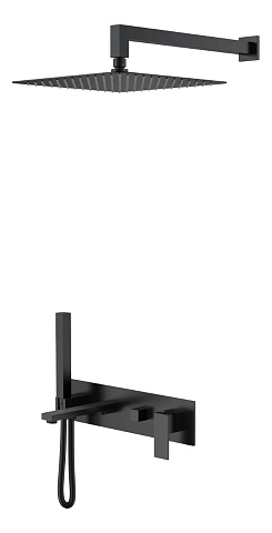 Смеситель встроенный + верхний+ ручной душ Boheme Qubic Matt Black с изливом 474-B