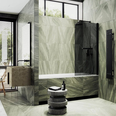 Шторка для ванны поворотная на монопетле MaybahGlass 1400×600 Стекло 6 мм Графит +Полотенцедержатель, профиль черный MGV-779-6