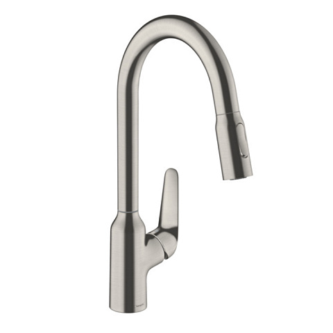 Hansgrohe HG Focus M42 Кухонный смеситель на 1 отв, однорычажный, поворотный излив 224мм с вытяжным душем, 2jet, h134мм, цвет: под сталь, 71800800