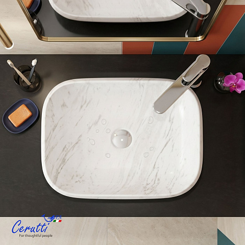 Раковина накладная Ceruttispa, CR0086 MMW1 (565х400х145) мрамор матовый белый, прямоугольная