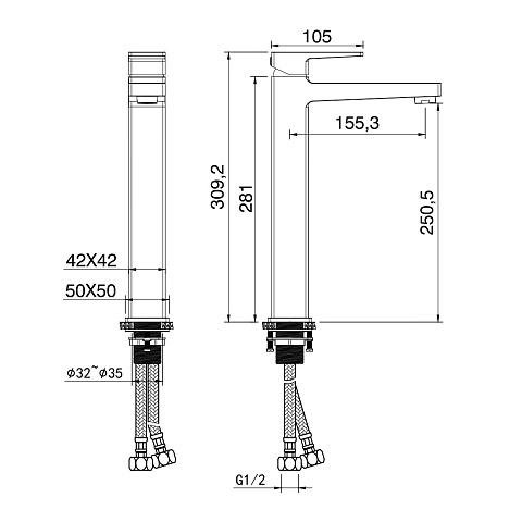 Смеситель для раковины высокий WONZON & WOGHAND CUBE 2.0, Черный матовый WW-88019068-MB