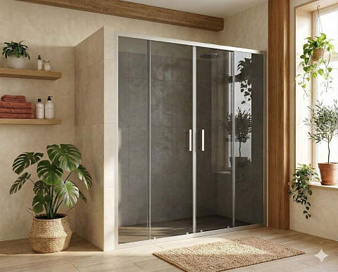 Душевая дверь двустворчатая раздвижная MaybahGlass 1950×1700 Стекло 6 мм Графит, профиль хром матовый MGD-1821-5
