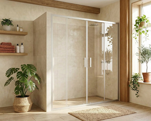Душевая дверь двустворчатая раздвижная MaybahGlass 1950×1700 Стекло 6 мм Бесцветное, профиль хром матовый MGD-1819-5