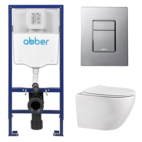 Комплект подвесной унитаз ABBER Bequem AC1100 белый с инсталляцией AC0108 и кнопкой AC0123 хром глянцевый