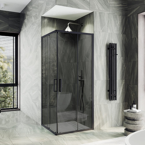 Душевой угол раздвижной MaybahGlass 900×900×1950 Стекло 6 мм Графит, профиль черный MGY-1328-6